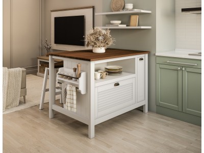 Ilha para cozinha em branco laca com o tampo castanho de 120 cm / Coleção Cozzy